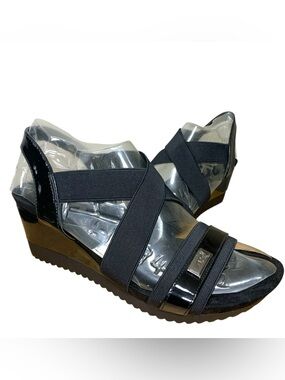 𝅺anne Klein Sport Black Wedged Elastic straps Sandals memory foam insoles